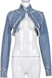 Street Solid Tassel Patchwork Buttons Asymmetrical Mandarin Collar Long Sleeve Regular Denim Jacket