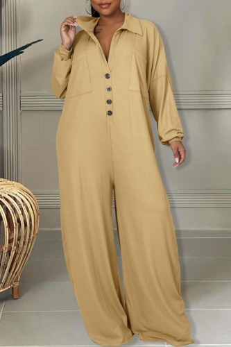 Casual Solid Patchwork Pocket Buckle Turndown Collar Plus Size Jumpsuits