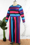 Casual Sweet Striped Patchwork Pocket Contrast O Neck Plus Size Two Pieces