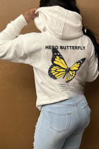 Street Butterfly Print Draw String Pocket Hooded Collar Tops