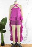 Casual Sweet Daily Simplicity Asymmetrical Solid Color Halter Sleeveless Two Pieces