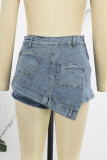 Casual Street Solid Patchwork Pocket Mid Waist Skinny Denim Shorts