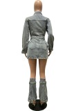 Casual Solid Patchwork Turndown Collar Long Sleeve Regular Denim Dresses (With Pantyhose)