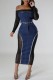 Casual Patchwork See-through Contrast Off the Shoulder Long Sleeve Two Pieces