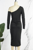 Casual Solid Draw String Frenulum Backless Oblique Collar Long Sleeve Dresses