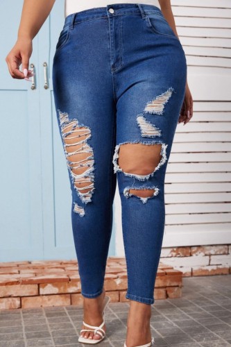 Casual Solid Ripped Plus Size Jeans