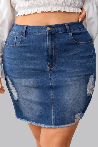Casual Solid Ripped Plus Size High Waist Denim Skirt