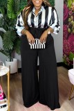 Casual Striped Print Patchwork Turndown Collar Plus Size Two Pieces