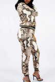 Casual Animal Print Patchwork Pocket Zipper O Neck Long Sleeve Two Pieces