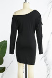 Casual Solid Draw String Frenulum Oblique Collar Long Sleeve Dresses