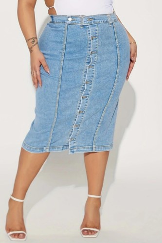 Casual Solid Patchwork Buttons Plus Size High Waist Denim Skirt