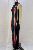 Sexy Striped Patchwork Mandarin Collar Long Dress Dresses