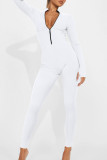 Casual Solid Patchwork Zipper O Neck Skinny Jumpsuits