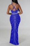 Sexy Patchwork Hot Drilling Backless Spaghetti Strap Long Dress Dresses