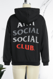 Street Vintage Print Solid Draw String Letter Hooded Collar Tops