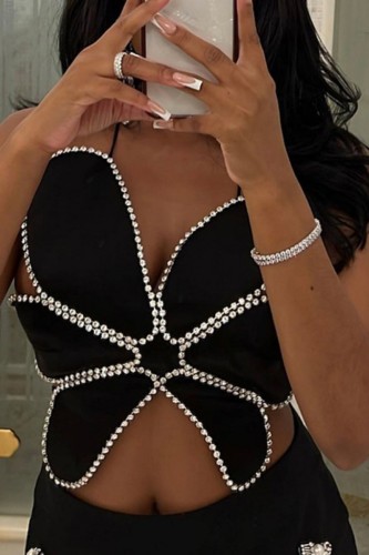 Sexy Patchwork Hot Drilling Bandage Backless Halter Tops
