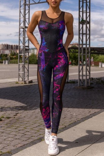 Sportswear Print Hollowed Out Patchwork See-through Backless O Neck Skinny Jumpsuits