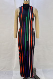 Sexy Striped Patchwork Mandarin Collar Long Dress Dresses