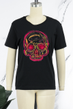Street Daily Print Skull Patchwork O Neck T-Shirts