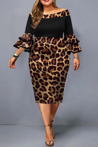 Casual Print Leopard Patchwork Off the Shoulder One Step Skirt Plus Size Dresses