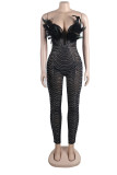 Sexy Party Elegant Patchwork See-through Feathers Hot Drill Skinny Jumpsuits
