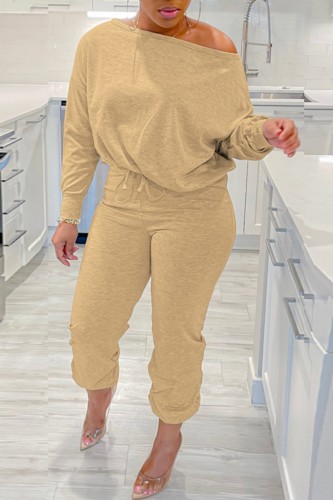 Casual Solid Basic Oblique Collar Plus Size Two Pieces