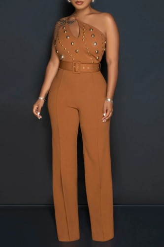 Sexy Casual Solid Backless With Belt Oblique Collar Skinny Jumpsuits