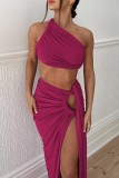 Sexy Casual Solid Hollowed Out Backless Slit Oblique Collar Sleeveless Two Pieces
