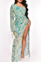 Sexy Elegant Print Patchwork Slit One Shoulder Irregular Dress Dresses