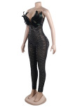 Sexy Party Elegant Patchwork See-through Feathers Hot Drill Skinny Jumpsuits