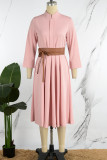 Casual Solid With Belt Mandarin Collar Long Sleeve Dresses