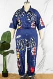 Casual Street Print Patchwork Pocket Buckle Turndown Collar Plus Size Jumpsuits