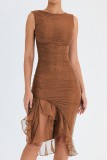 Casual Solid Fold Asymmetrical O Neck Sleeveless Dress Dresses
