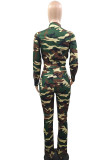 Casual Street Camouflage Print Patchwork Pocket Zipper O Neck Long Sleeve Two Pieces