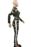 Casual Street Camouflage Print Patchwork Pocket Zipper O Neck Long Sleeve Two Pieces