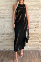 Casual Solid Ripped O Neck Long Dress Dresses