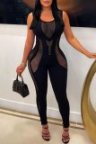Sexy Casual Solid Hollowed Out See-through U Neck Skinny Jumpsuits