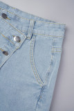 Street Solid Patchwork Pocket Buttons Mid Waist Regular Denim Shorts