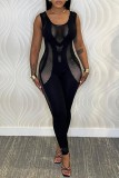 Sexy Casual Solid Hollowed Out See-through U Neck Skinny Jumpsuits