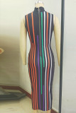 Casual Striped Print Patchwork Zipper Collar Sleeveless Dress Dresses