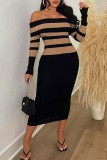Casual Patchwork Contrast Off the Shoulder Long Sleeve Dresses
