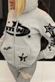 Street Print Draw String Zipper Hooded Collar Tops