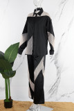 Casual Patchwork See-through Contrast Turndown Collar Long Sleeve Two Pieces