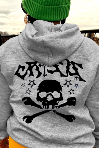 Casual Print Skull Patchwork Hooded Collar Tops