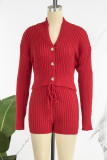 Elegant Solid Patchwork Draw String Buckle O Neck Long Sleeve Two Pieces