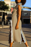 Street Solid Patchwork High Opening V Neck Long Dress Dresses