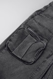 Street Solid Patchwork Pocket Buttons High Opening Zipper Mid Waist Straight Denim Skirts