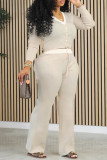 Casual Solid Patchwork Draw String Buckle V Neck Long Sleeve Two Pieces