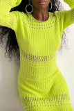 Street Solid Hollowed Out Patchwork O Neck Long Sleeve Dresses