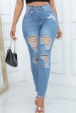 Casual Solid Ripped Patchwork High Waist Skinny Denim Jeans